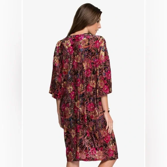 Pink Floral Velvet Feel Kimono Cardigan Womens Beach Coverup Y2K Cottagecore - Picture 2 of 5